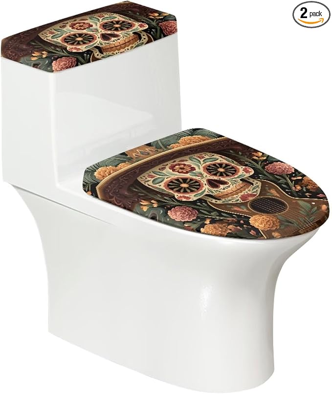 Sugar Skull Cover for Toilet Seat and Tank Toilet Lid Cover 2 PCS Elastic Edges - skull toilet paper
