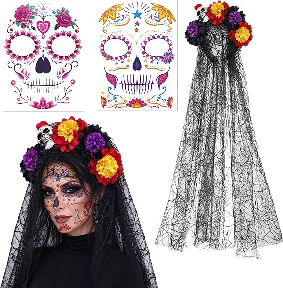 YVAINE Day of the Dead Veil Rose Floral Headband Crown Dia De Los Muertos Headpiece Set with Sugar Skull Face Tattoos for Women Halloween Fancy Dress Costume Accessory - sugar skull makeup