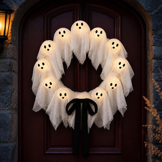 Ghost Wreath, Front Door Halloween Decor, 22-Inch Lit with Remote and Timer - skull wreath