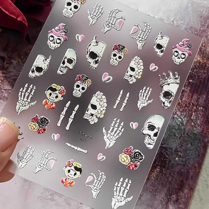 Halloween Skull Nail Stickers for Nail Art Decals, Dark Gothic Style Nail Decals 3D Self-Adhesive Nail Art Stickers Heart Rose Skeleton Hand Design Manicure Stickers for Women Decorations (1 Sheets) - skull sticker