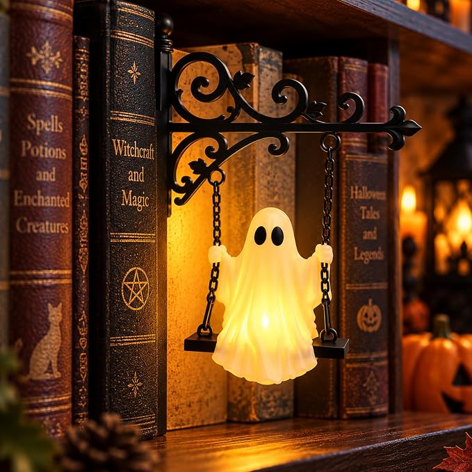 Swinging Ghost Library Lantern Bookshelf Lighting,LED Book Shelf Lights Lamp,Halloween Hanging Ghost Decor Indoor,Spooky Cute Ghosts Decorations