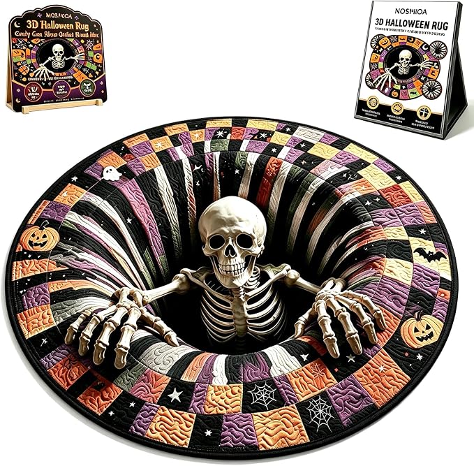 3D Halloween Rug, Skeleton Ghost Optical Illusion Rug, Spooky Depth Design Non-Slip Area Mat, Soft Crystal Velvet Halloween for Bathroom, Bedroom & Home Decor - skull floor mat