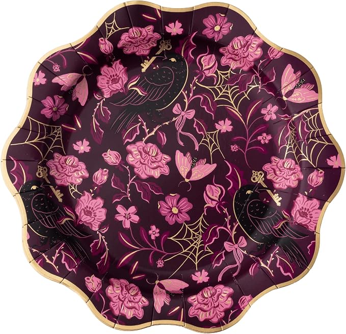 Bonjour Fete Gothic Halloween Paper Plates, Burgundy Dinner Plates, 8 Pack - skull plate