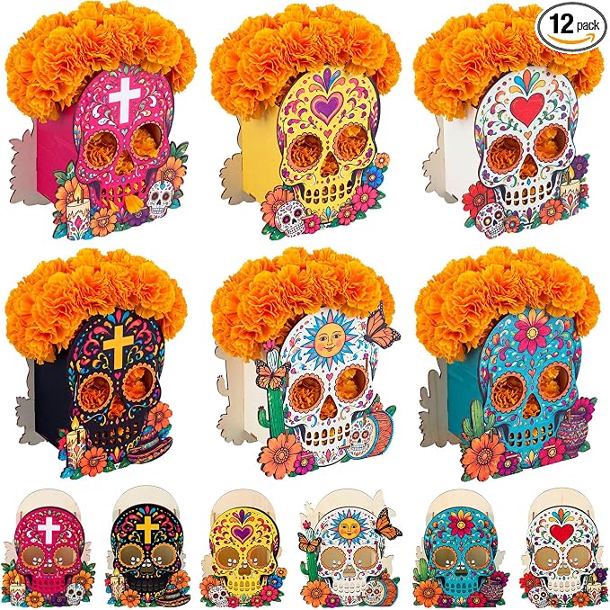 Amyhill 12 Pcs Day of the Dead Sugar Skull Decor Boxes for Halloween, - skull candle