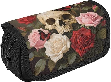 Rose Skull Large Pencil Case with Double Zipper for Adult - skull suitcase