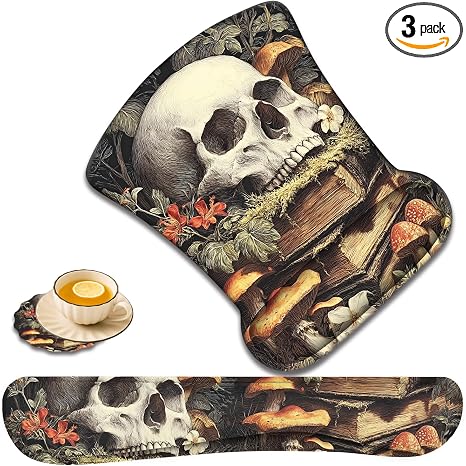 Ergonomic Keyboard Wrist Rest & Mouse Wrist Support Set with Lace Coaster, Gel Memory Foam Anti-Slip Base, Pain Relief for Typing, Gothic Skull & Mushroom - skull coaster