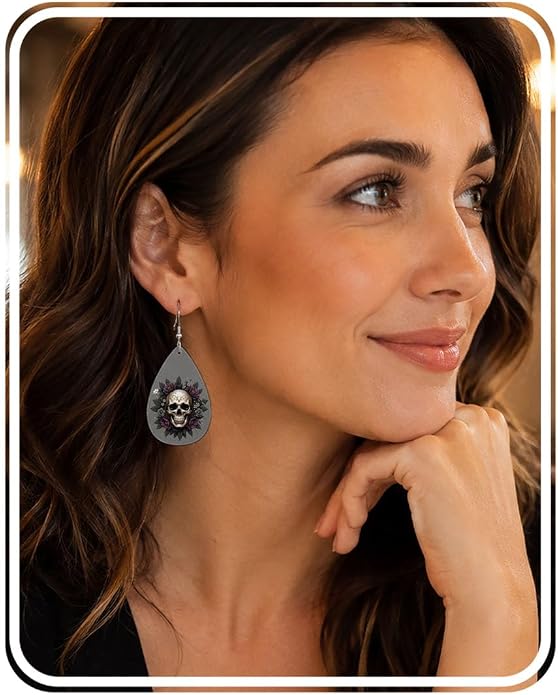 Faux Leather Earrings For Women Teardrop Earrings, Double Sided Print - skull plate