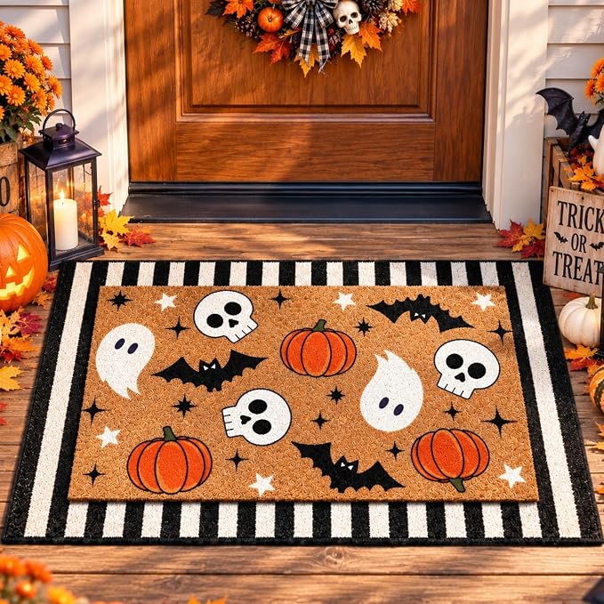 Whaline 2 Pcs Halloween Doormat Set, Ghost Bat Pumpkin Skull