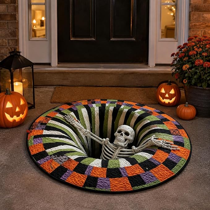 Halloween Optical Illusion Rug, 3D Halloween Rug, Skeleton Vortex 3D Rugs Optical Illusion, Halloween Rugs Indoor, Non-Slip Soft Fabric for Living Room Bedroom Halloween Decor (36 * 36in) - skull carpet