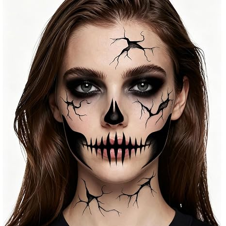 Halloween Face Tattoos Temporary Black Tattoo for Men and Women, Adult, Skeleton Mouth Tattoo Face Sticker, Horror Zombie Witch Makeup Kit, Scary Halloween Face Decals 4 Sheets - skull sticker