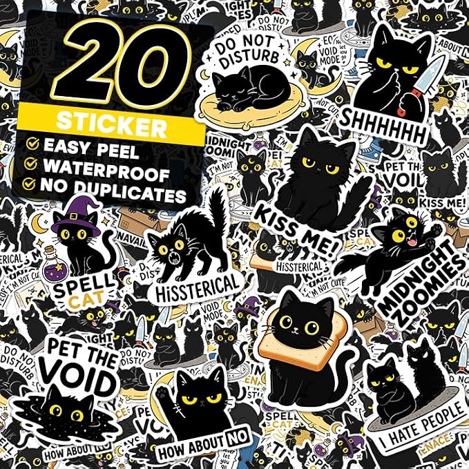 20Pcs Black Cat Stickers, Funny Gothic Cat Stickers Pack - skull sticker