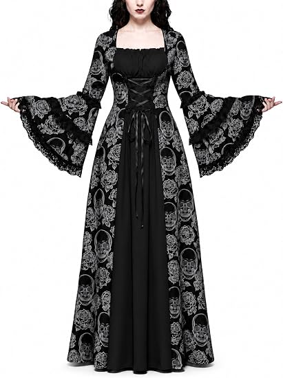 Womens Halloween Gothic Witch Dress, Victorian Corset Lace Up Long Costume - sugar skull dress