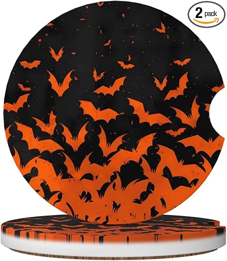Halloween Bat 2 Pcs Ceramic Coasters Car Cup Holder Coaster Drink Mat - skull coaster