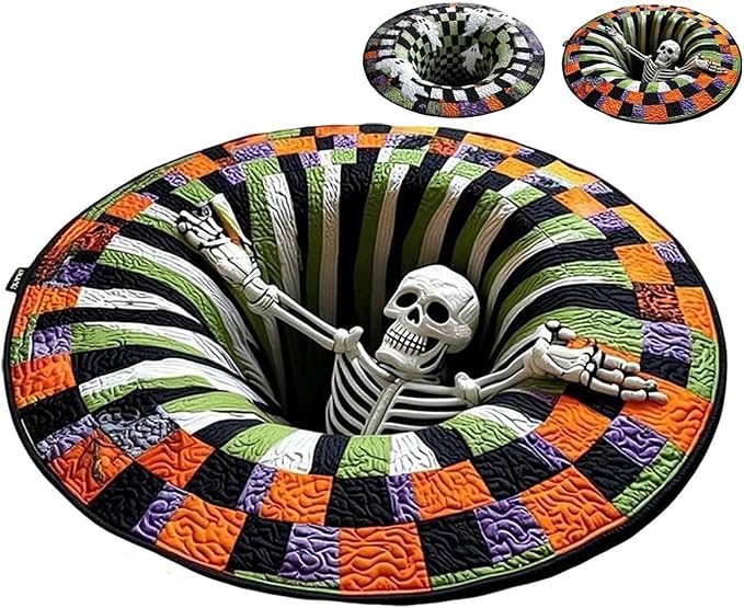 Halloween 3D Optical Illusion Round Rug, Vortex Hole Visual Trap Floor Mat - skull carpet