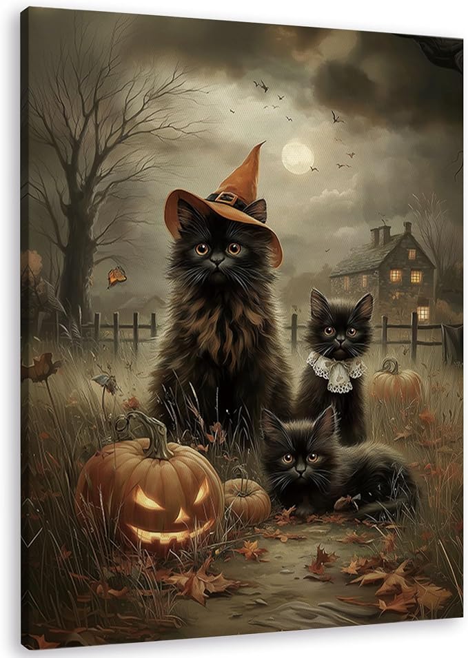 TLESKE Halloween Black Cat Fall Pumpkin Canvas Wall Art Decor 11×14