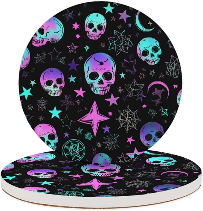 2 Pack Drink Coasters Neon Skull Round Absorbent Ceramic Coasters - skull coaster