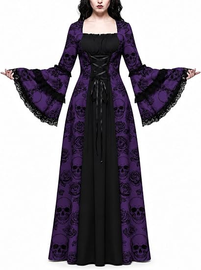 Womens Halloween Gothic Witch Dress, Victorian Corset Lace Up Long Costume - sugar skull costume