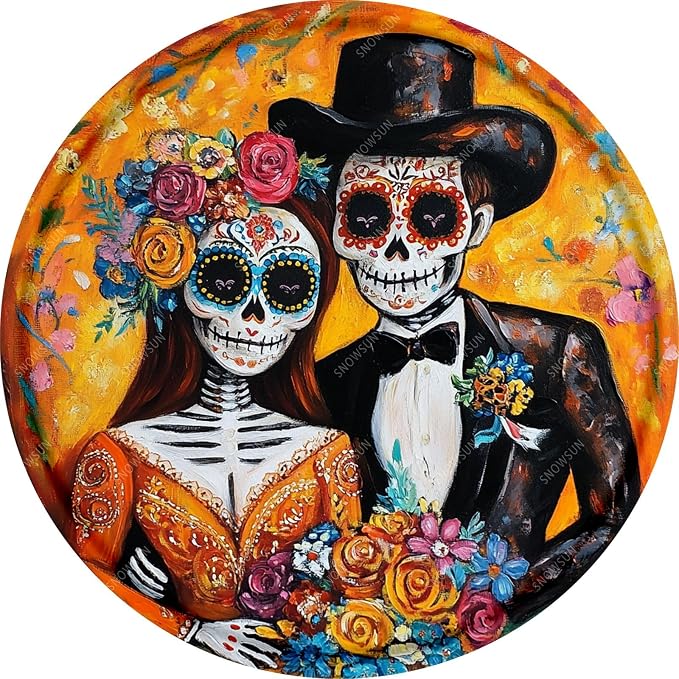 Metal Signs Day Of The Dead Sugar Skull Funny Halloween Sign Vintage Tin Sign Round Aluminum Sign Wall Decor for Home Office Yard Garage Cafe Bar 12x12 In - skull sticker