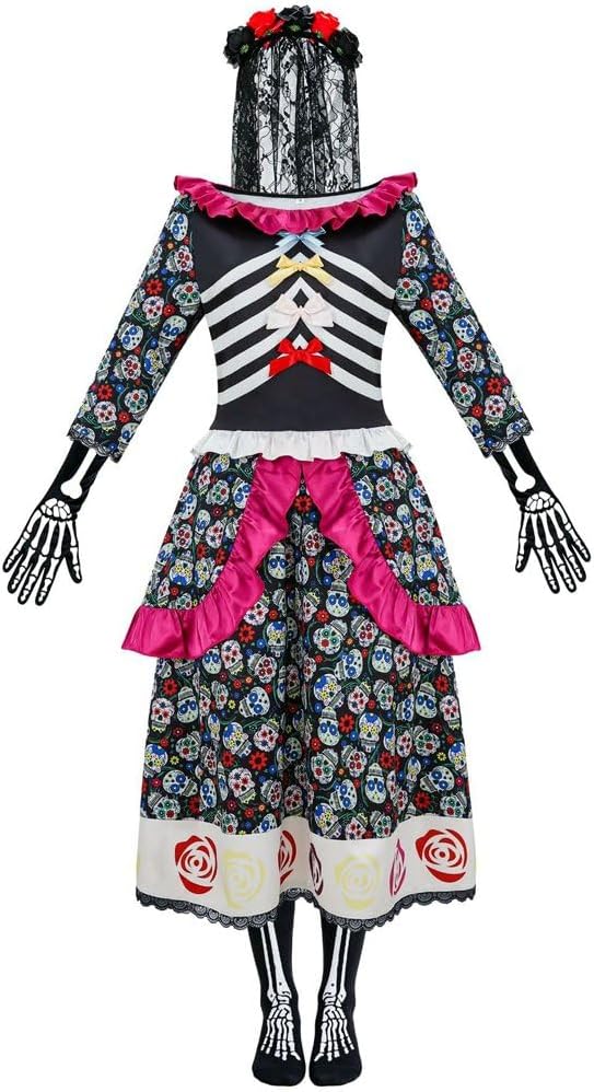 Sanfly Women Day of Dead Costume Mexican Day of the Dead Sugar Skull Floral Maxi Dress for Halloween Carnival Party Fancy Dress - skull tshirt