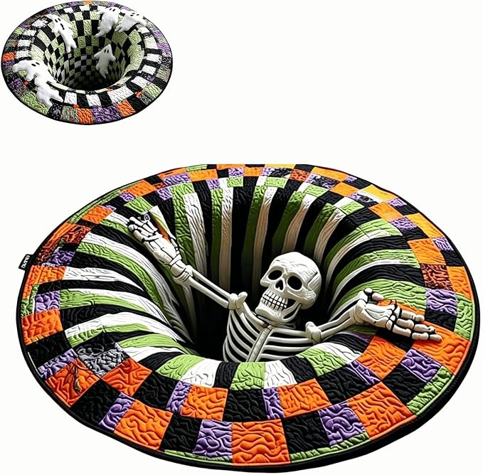 3D Halloween Rug,Candy Corn Abyss Quilted Round Mat,Halloween Optical Illusion Carpet,Modern Home Decor with Eerie Depth（24inches） - skull rug
