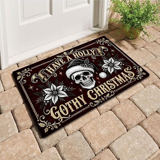 Goth Christmas Doormat 30x18 Inch, Holly Gothy Holiday Welcome Mat - skull door mat