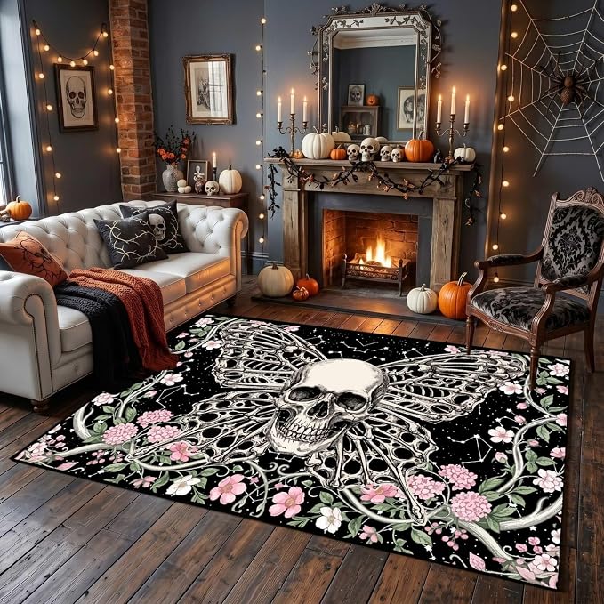 Celestial 3x4ft Area Rug Living Room Skull and Moth Skeleton Rug - skull carpet