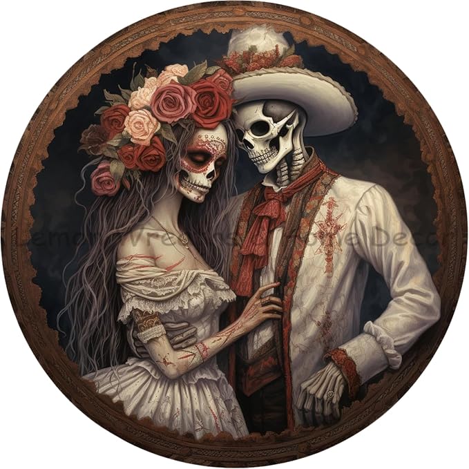 Vintage Round Metal Tin Sign - Day Of The Dead Western Couple Sugar Skull Welcome Wreath Sign Wall Hanging Plaque for Home Porch Front Door Bathroom Indoor Outdoor Christmas 8x8 In - skull sticker