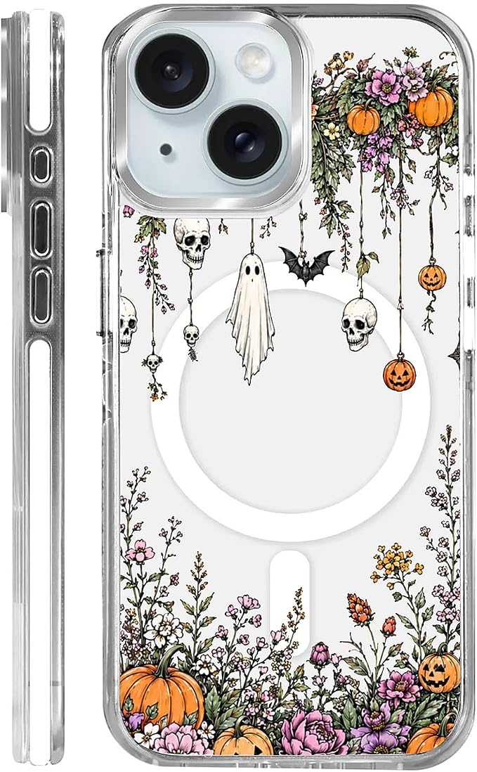 for iPhone 15 Case for Women Girl Men Boy,Compatible with MagSafe,Clear Phone Cover Shockproof Protective Transparent Case for iPhone 15-Skull Pumpkin Flower Halloween Frame - Skull phone case