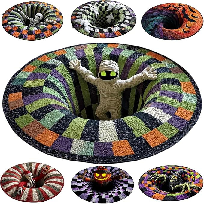 Lmoy 3D Halloween Rugs, Spooky Optical Illusion Skeleton Vortex Round Mat, Horror Depth Design for Haunted House & Party, Suitable for Halloween Parties and Haunted Houses (Style-B) - skull carpet