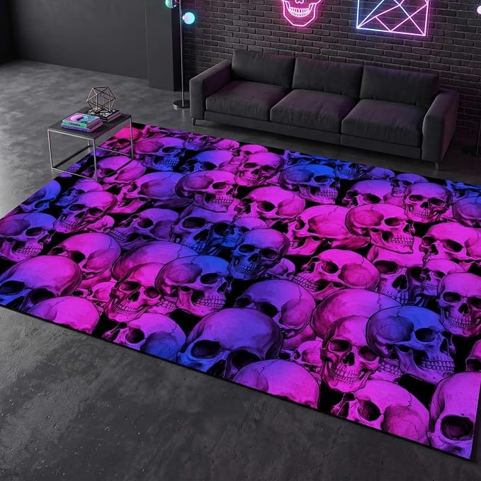 Neon Pink Blue Skull Area Rug 3x4ft Halloween Party Gothic Play Mat - skull toilet mat