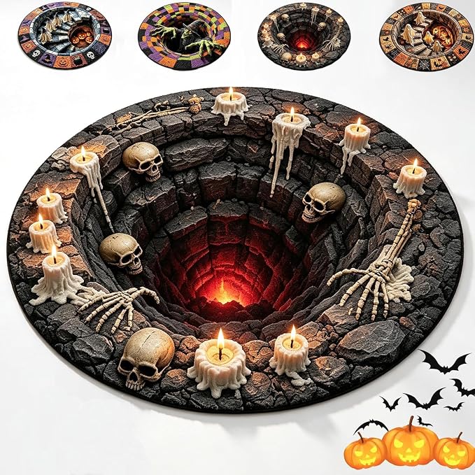 Halloween Rug, 3D Haunted Staircase Round Rug 24inches, 3D Optical Illusion Halloween Area Mat, Non-Slip Soft Fabric for Living Room Indoor Decor (Skull) - skull floor mat