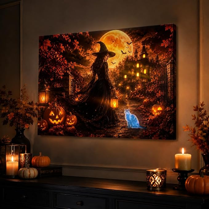 Halloween Lighted Wall Art, Witch & Haunted House Decor, 11.8 x 15.7 in - skull wall art