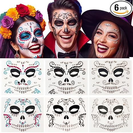Day of the Dead Gothic Crown Halloween Face Gems Stickers 6-Pack - sugar skull makeup