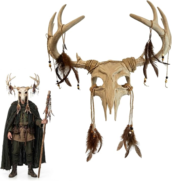 Shaman Pagan Deer Antler Skull Mask Head Costume Accessory with Feathers - sugar skull costume