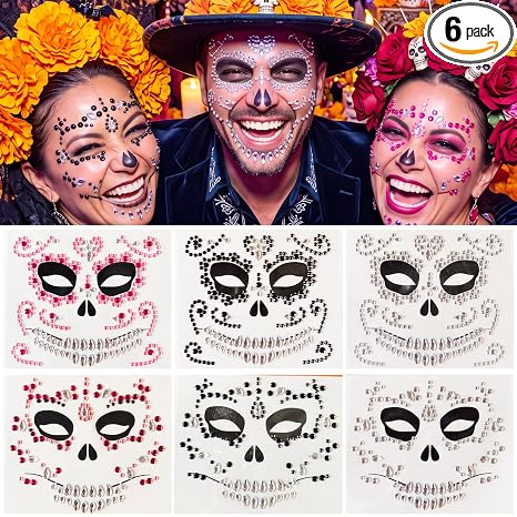 Halloween Sugar Skull Pink Black Face Gems Stickers 6-Pack - sugar skull makeup