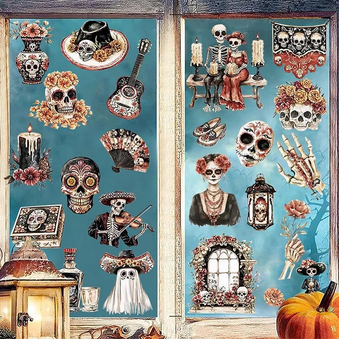 6 Sheets Halloween Window Clings 42pcs The Day of Dead Window Decals with Skull Designs Spooky Stickers for Glass Mexico Decor for Wall Refrigerator,Home Halloween Party Office Supplies - skull sticker