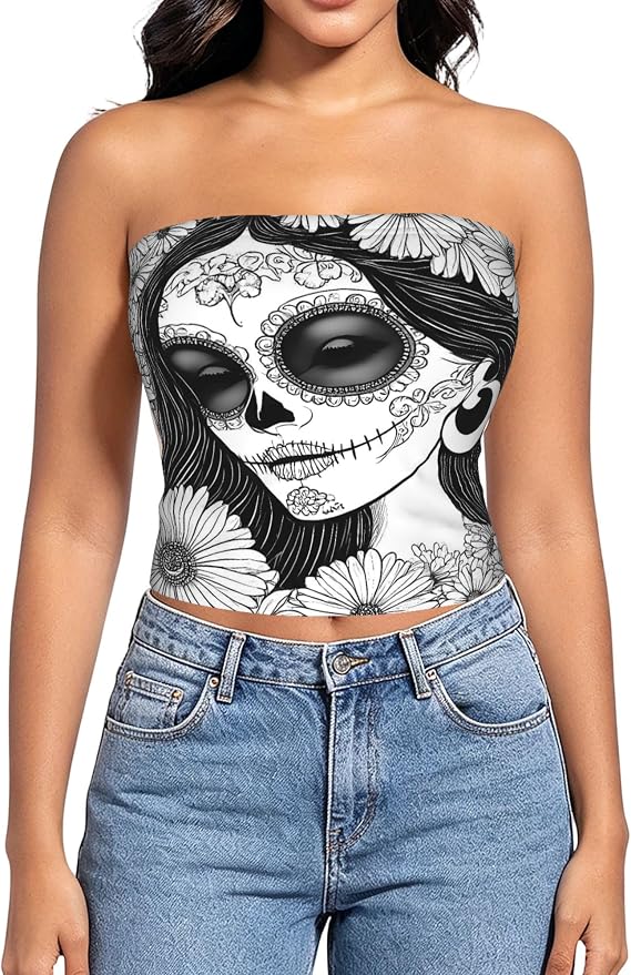 Floral Sugar Skull Portrait Print Strapless Tube Tops - skull leggings