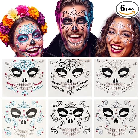 Day of the Dead Teal Silver Halloween Face Gems Stickers 6-Pack - sugar skull makeup