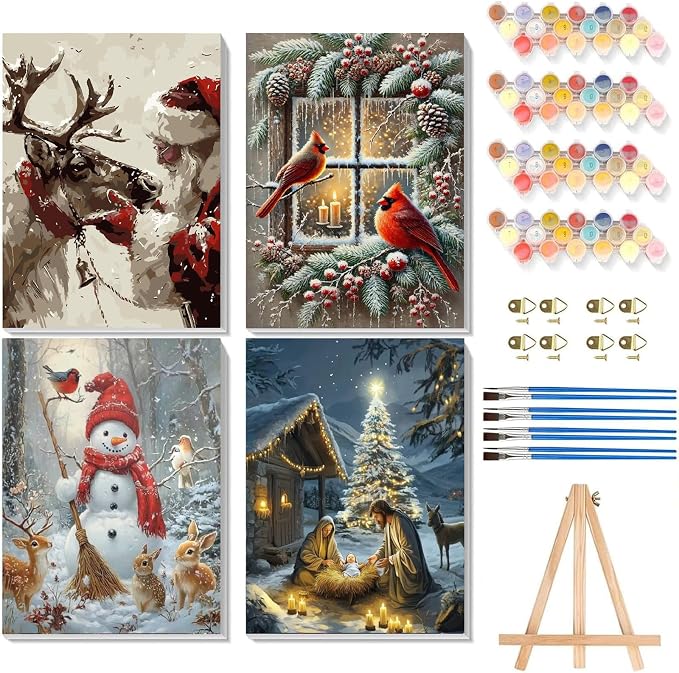 mjcakrn 4 Pack Christmas Paint by Numbers Kit for Adults with Framed Easel - skull painting