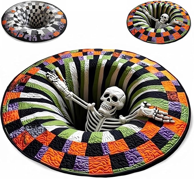 3D Halloween Rugs, 3D Halloween Novelty Ghost Skeleton Optical Illusion Rug, Skeleton Ghost Pumpkin Pattern,Spooky Depth Visual Effect Carpet, Soft & Durable Fabric Non-Slip Modern Home Decor (A-20in) - skull carpet