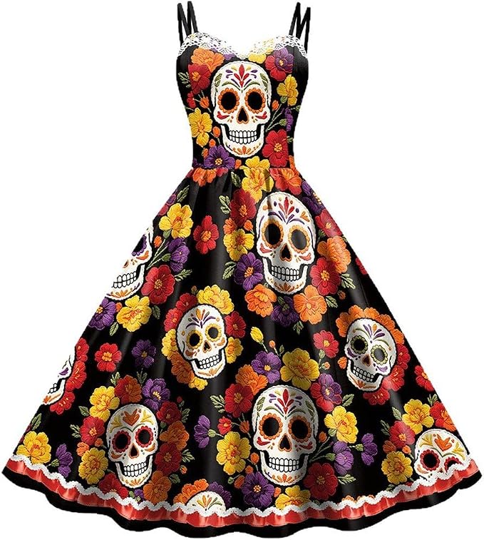 Casual Sleeveless A-line Dresses for Women Sugar Skull Print Tank Dress - skull jacket