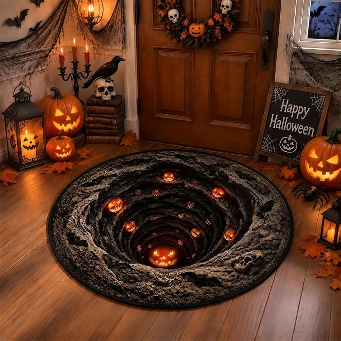 3D Illusion Door Mat,Halloween 3D Optical Illusion Rug, Soft & Durable Fabric Non-Slip, Halloween Indoor/Outdoor Welcome Rug (23.62X23.62IN) - skull carpet
