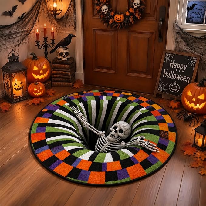 3D Illusion Door Mat,3D Halloween Rug, Skeleton Vortex Optical Illusion Round Mat,Soft & Durable Fabric Non-Slip, Halloween Indoor/Outdoor Welcome Rug (23.62X23.62IN) - skull carpet