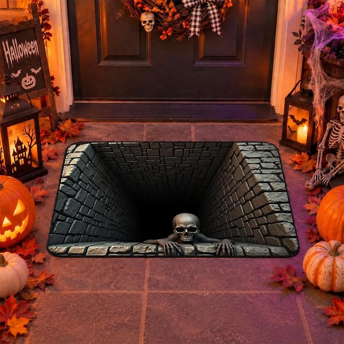 3D Illusion Door Mat,Halloween 3D Optical Illusion Rug, Novelty Ghost Skeleton 3D Optical Illusion Rugs, Soft & Durable Fabric Non-Slip, Halloween Indoor/Outdoor Welcome Rug (35.4X23.62IN) - skull toilet mat