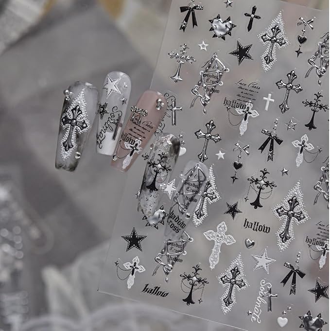 5D Embossed Nail Stickers, Premium Salon-Quality Self-Adhesive 3D Nail Art Decals, Refined Classic Designs for Easy DIY Manicure (Gothic Cross) - skull sticker