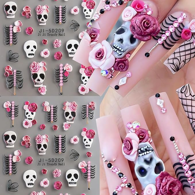 2 Sheets 5D Embossed Halloween Nail Art Stickers Decals Cute Skull Rose Flower Nail Sticker White Skeleton Nails Decal Self-Adhesive Nails Art Decal for Women Halloween Decor - skull sticker