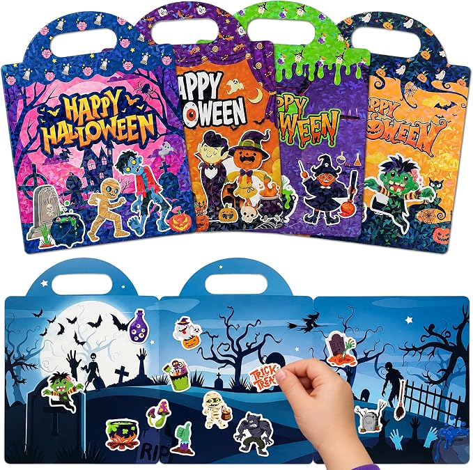 LINAYE 4 Sets Halloween Reusable Sticker Book Crafts Toys for Toddlers Kids - skull sticker