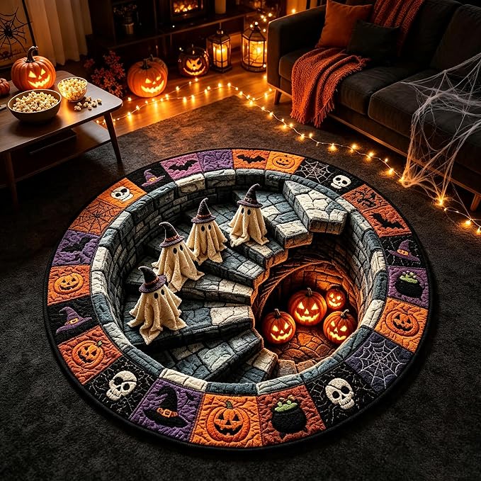 3D Halloween Optical Illusion Rug, Skeleton Ghost Pumpkin Pattern,24in - skull floor mat