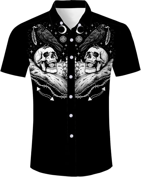 RAISEVERN Mens Hawaiian Shirt Western Cowboy Button Down Short Sleeve Shirt - sugar skull dress