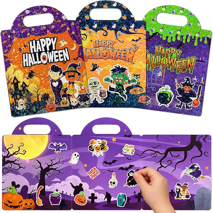 3 Sets Halloween Reusable Sticker Book Halloween Toys & Crafts for Toddlers - skull sticker